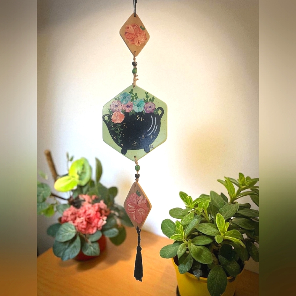 Floral Cauldron Hanging Decor with Tassel - Picture 6 of 6